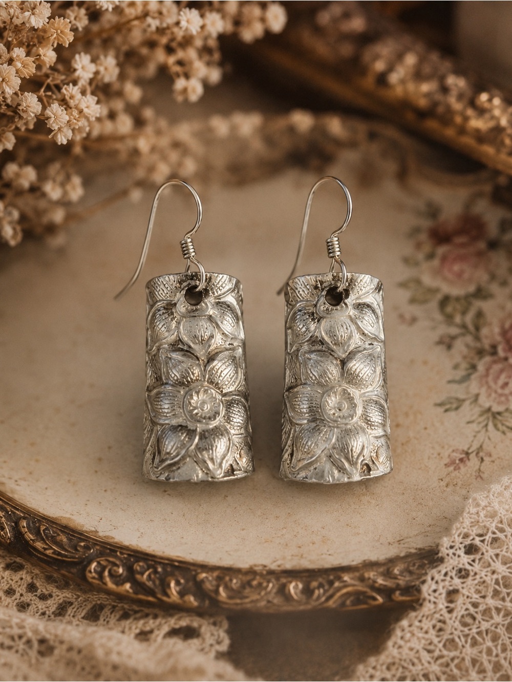 Handmade Silver Floral Carved Drop Earrings